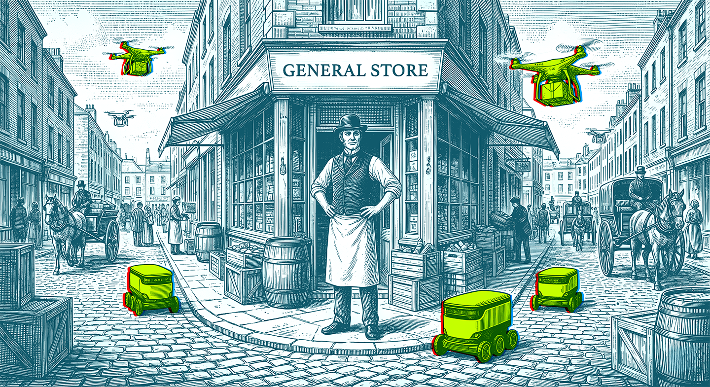 An illustration of a general store in the 1890's. A shop owner stands proudly outside the store as modern day drones deliver packages by air and land.