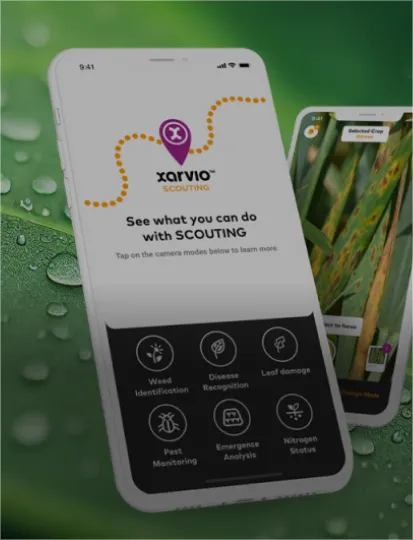 Two mobile screens displaying Xarvio app, a backdrop of green leaves.