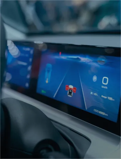 Side view of the LED screen digital instrument panel inside the car.