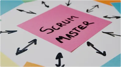 A sticky note with arrows highlighting the term "Scrum Master," symbolizing the journey to PSPO-I & PSM-I certification. 