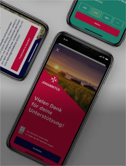 Three mobile screens displaying different sections of the Johanniter app.