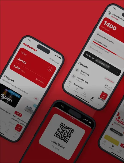 Four smartphones, featuring dodenhof app user account, on a red background, one with a QR code.