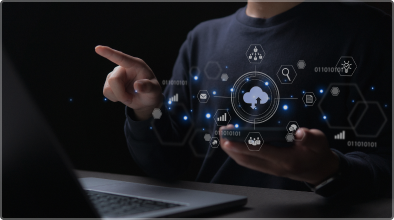 A man working on a laptop displaying various icons, illustrating Red Hat OpenShift in action.