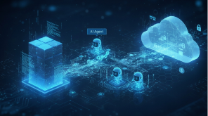 A futuristic digital illustration showing AI-driven legacy system migration: a glowing, monolithic data server on the left connects through a network of circuits to a cloud platform on the right, while small AI agents work along the data pathways—symbolizing the transition from legacy banking infrastructure to modern, cloud-based, AI-enabled systems.
