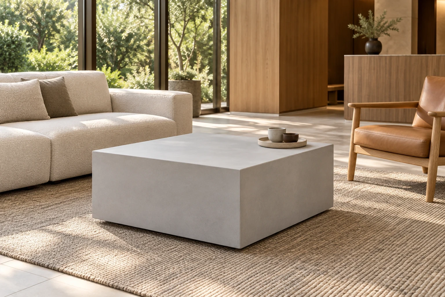 Ein heller Wohnraum mit Beton-Couchtisch, warmem Holz und Sonnenlicht
