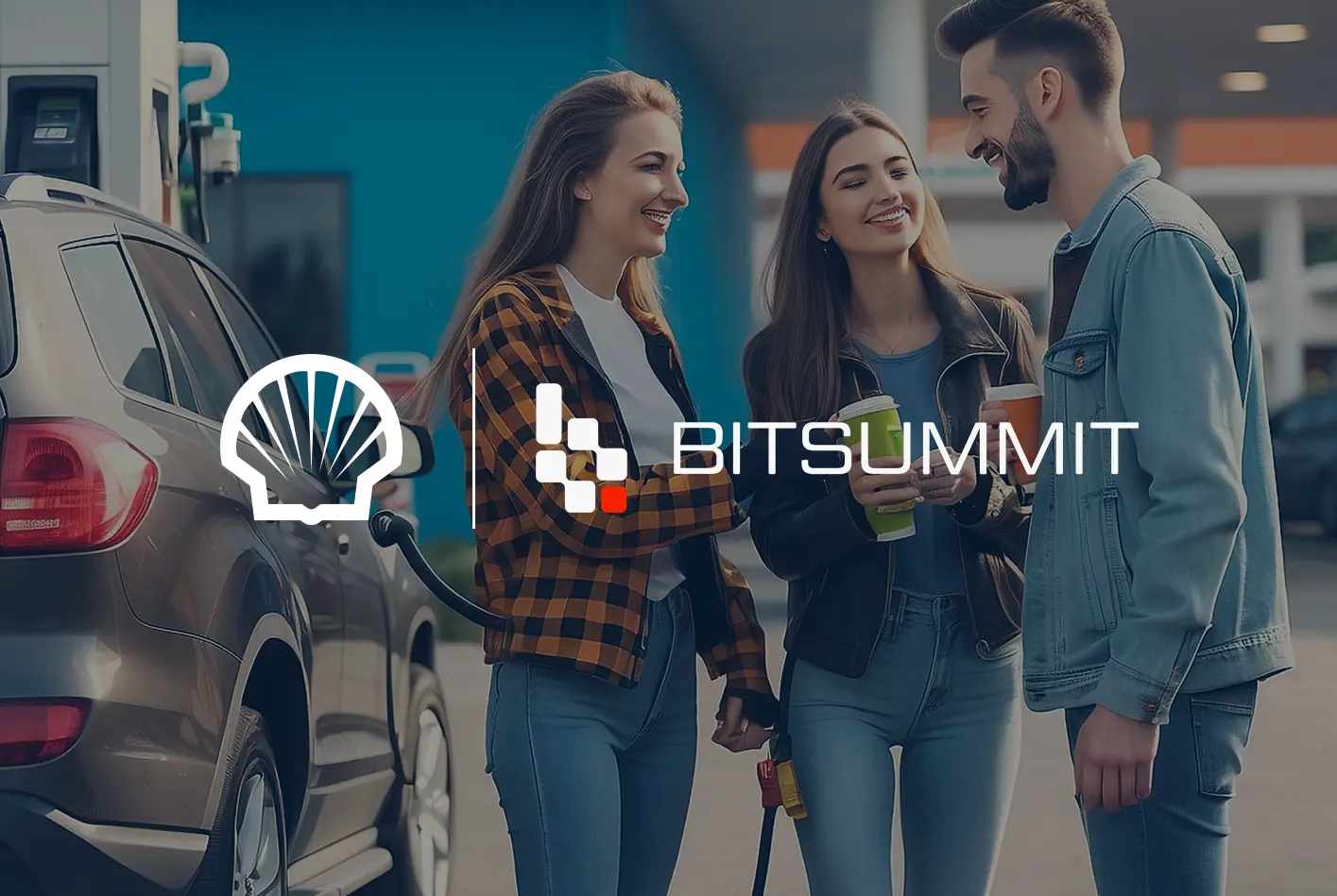 Shell and BITSUMMIT logos over friends talking beside a parked car