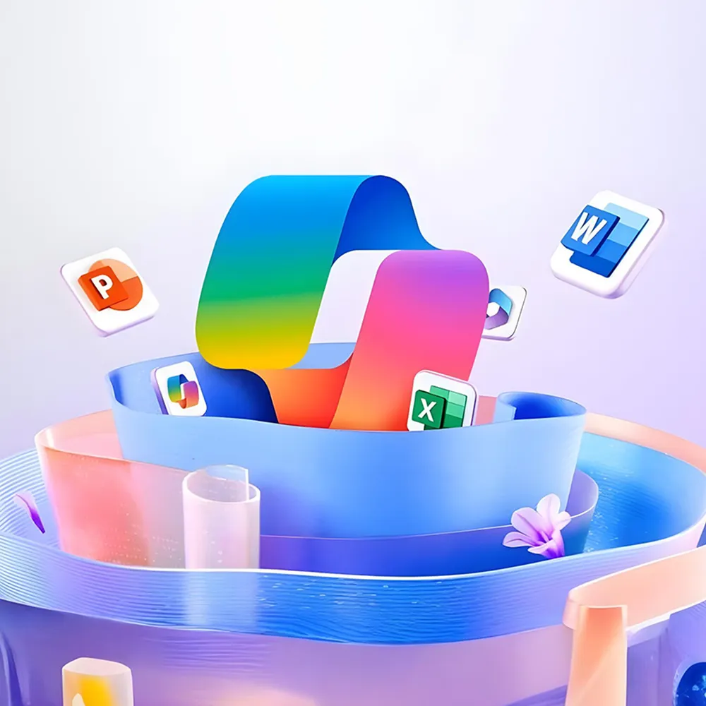 Microsoft Copilot logo rising from layered ribbons, with Word, Excel and PowerPoint app icons around it