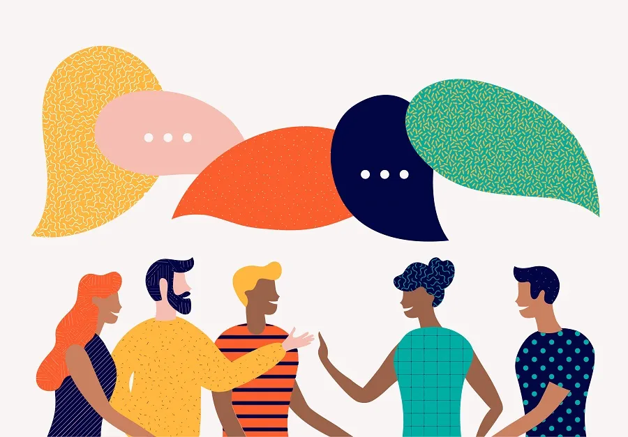 Illustration of five people talking under overlapping colourful speech bubbles