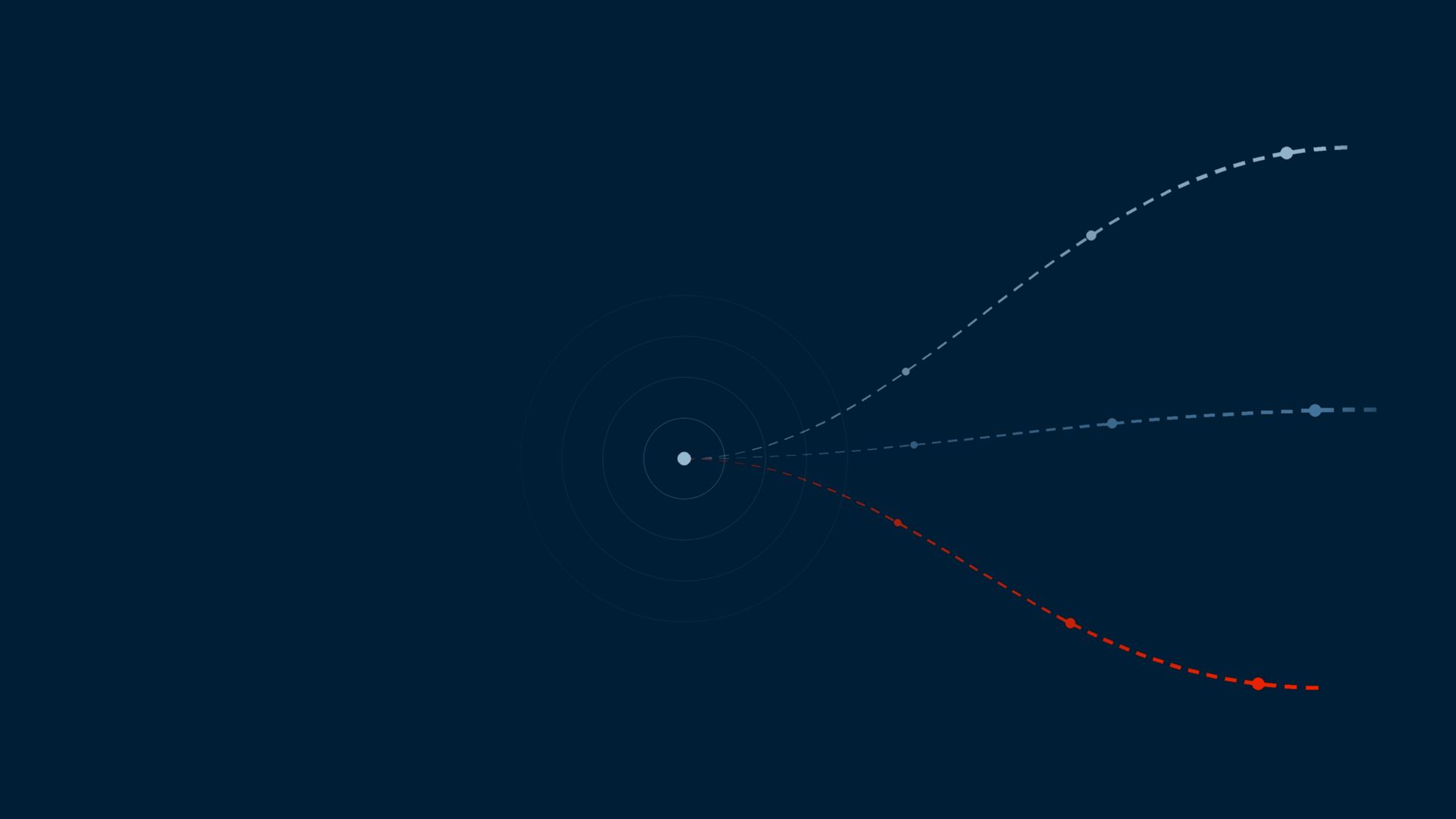 Abstract navy graphic: three dotted paths branch out to the right from a single glowing point, one of them in vermilion.