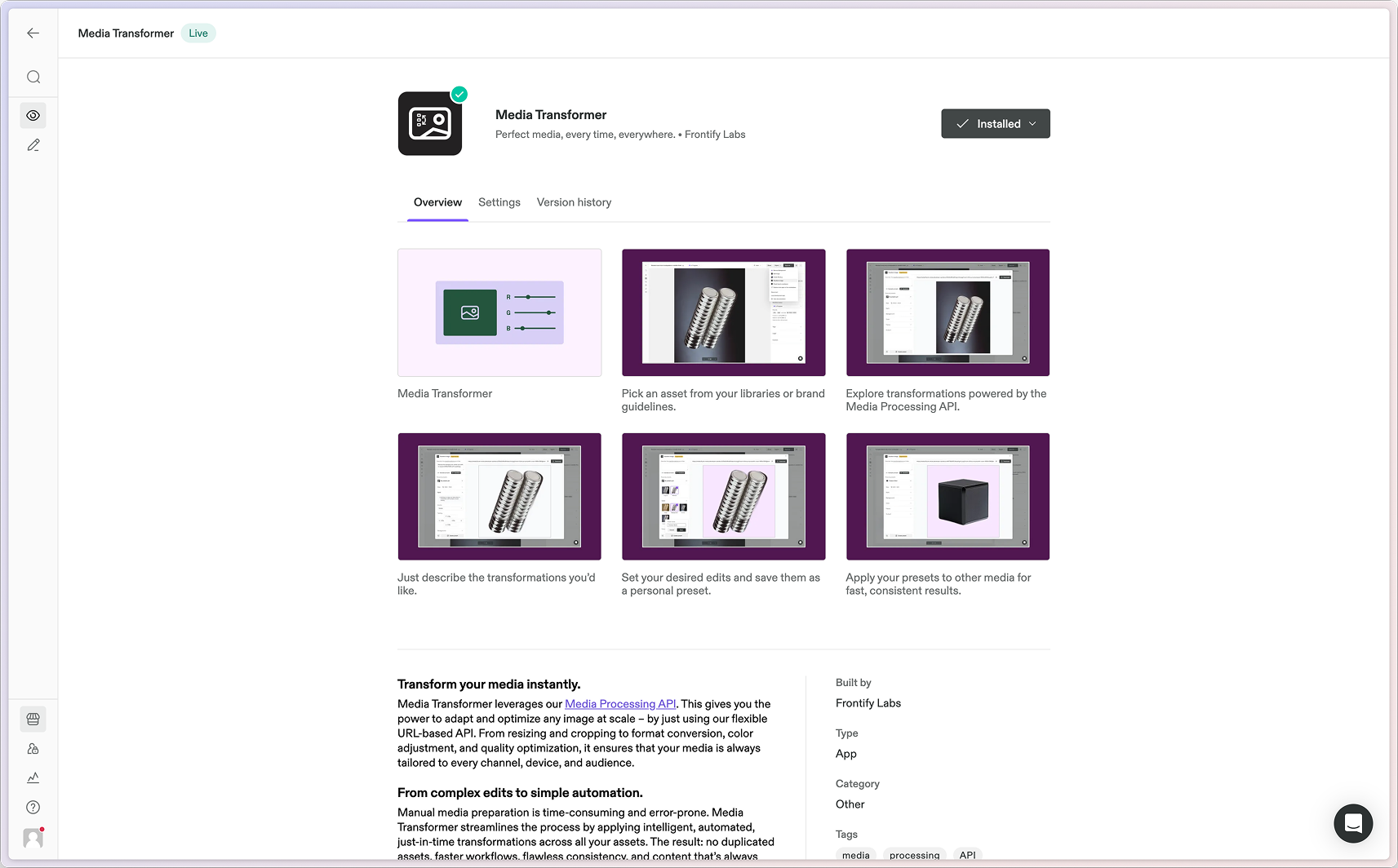 Media Transformer app on Frontify Marketplace