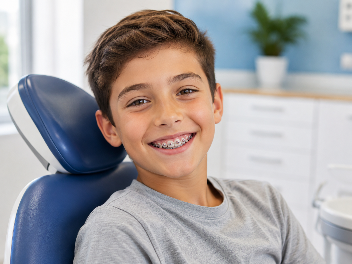 Smiling boy with metal braces sitting in an orthodontic chair at Ortho 99 Plus 1 in Jacksonville, FL
