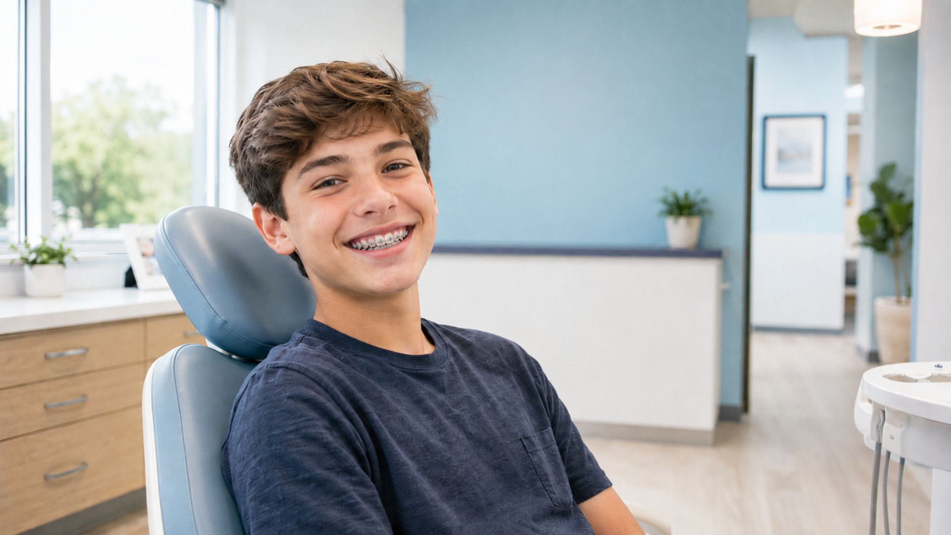 Teen boy smiling with braces in a treatment chair at an orthodontist office in Jacksonville