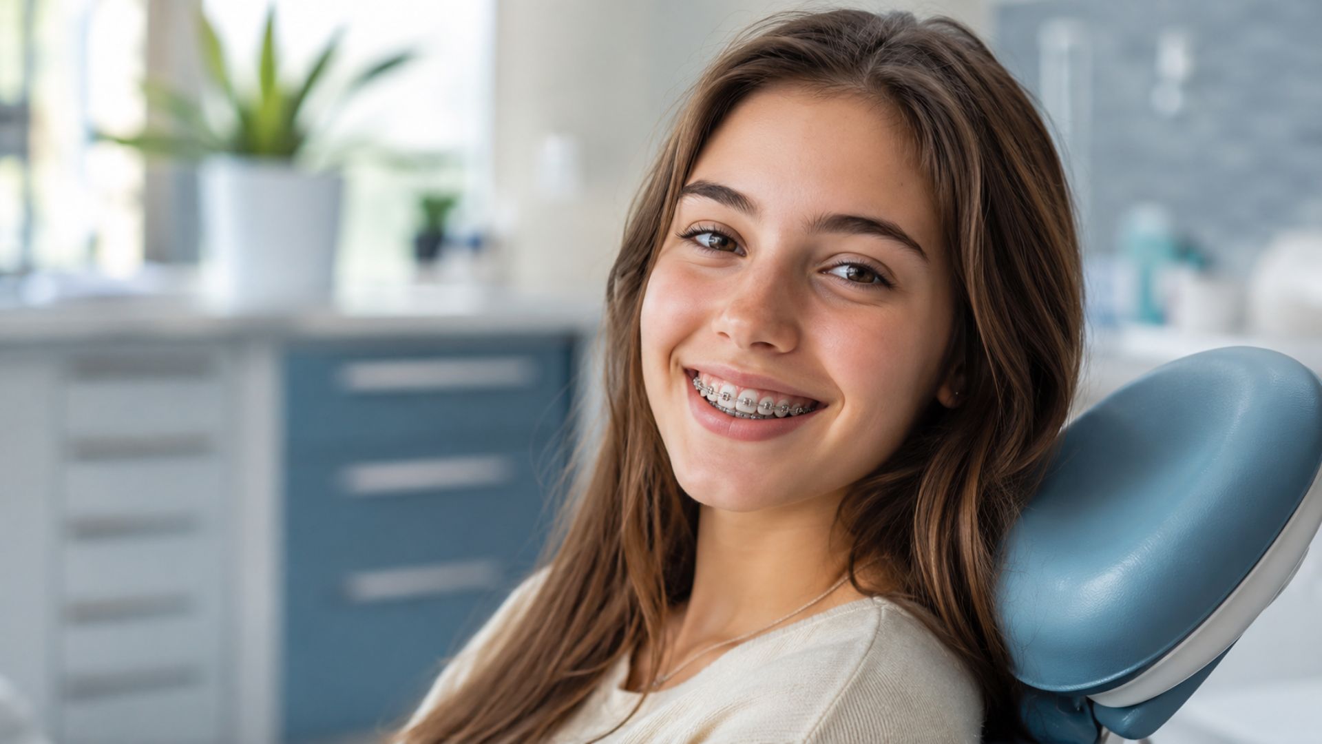 Smiling teen with braces sitting in an orthodontic treatment chair