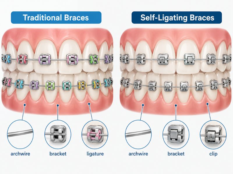 Traditional braces with elastic ligatures compared to self-ligating braces with clips