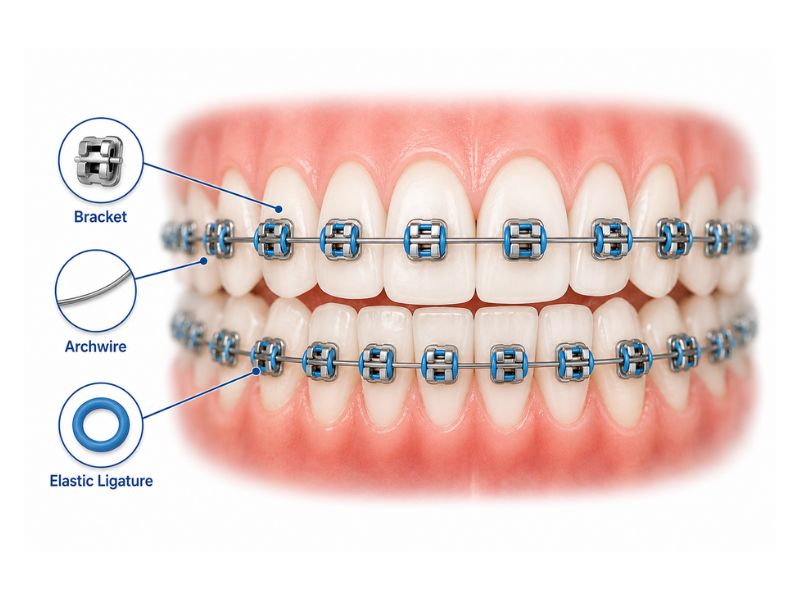 Diagram labeling the bracket, archwire, and elastic ligature parts of braces