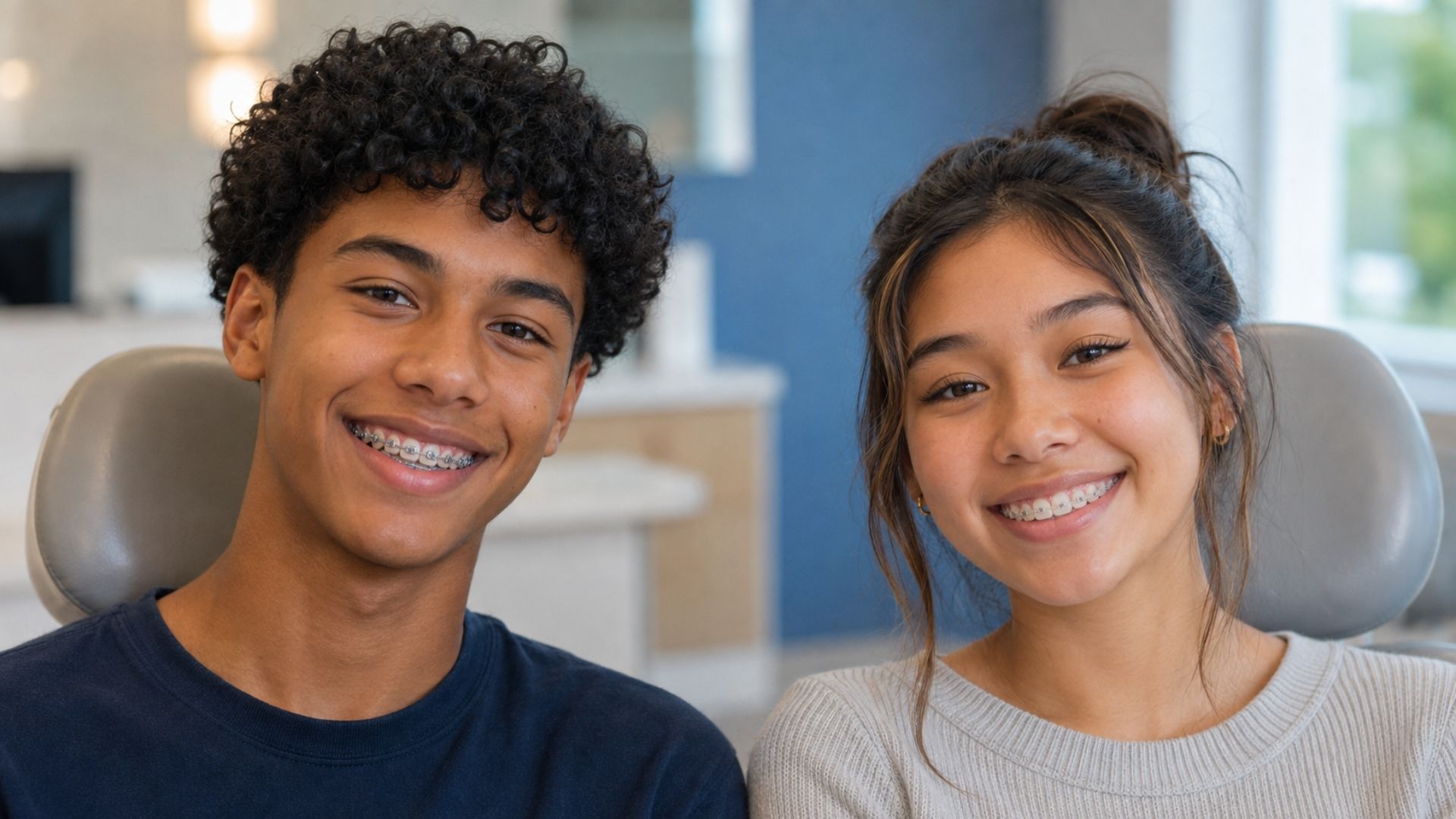 Two orthodontic patients smiling side by side, one wearing metal braces and one wearing ceramic braces