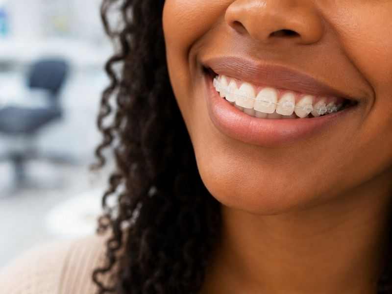 Close-up of a smile with clear ceramic braces and an orthodontic archwire