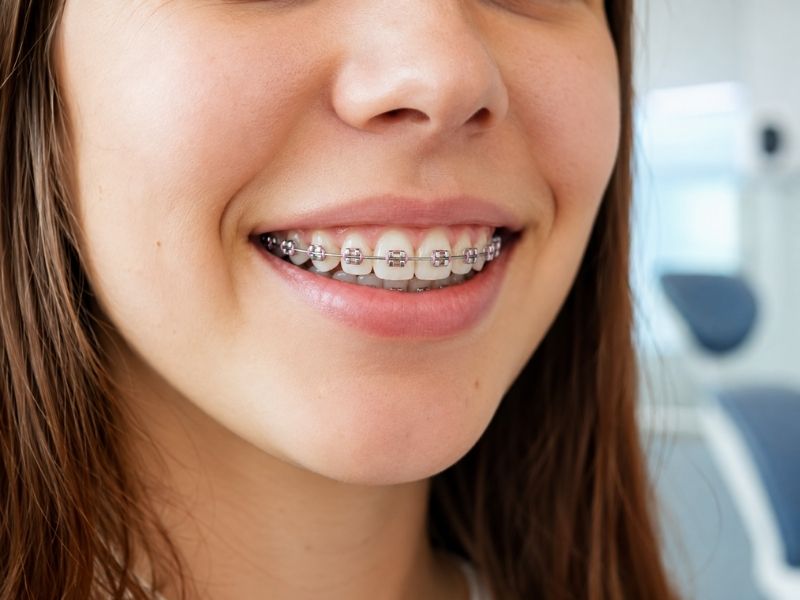 Close-up of a smile with traditional metal braces and stainless-steel brackets