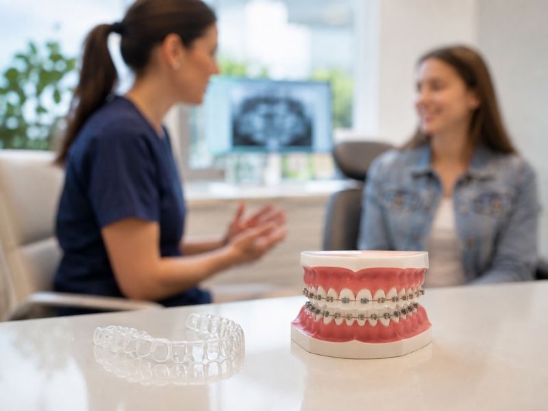 Clear aligner and braces model on a table during an orthodontic consultation