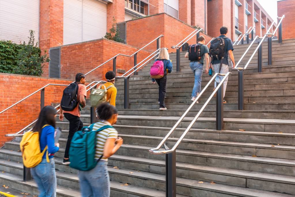 Students walking up school entrance