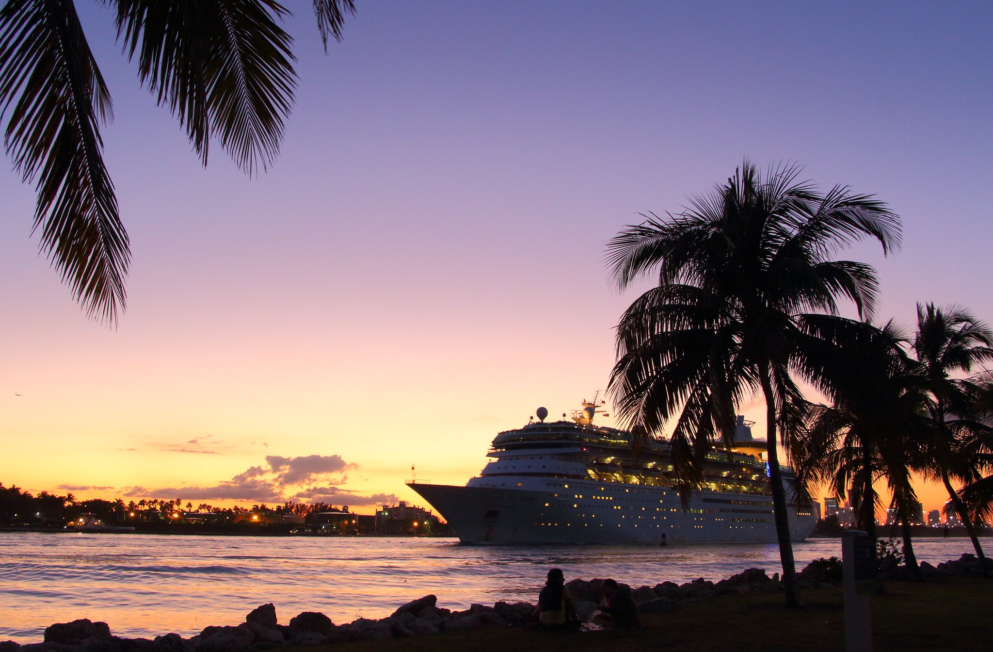 cruise sailing in the harbor at sunset