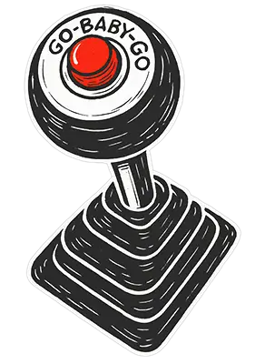 Illustration of a vintage joystick with a red button labeled 'GO-BABY-GO'.