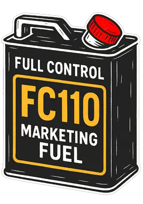 Black fuel can with red cap labeled Full Control FC110 Marketing Fuel.
