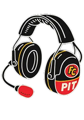 Black racing headset with microphone labeled 'FC PIT' in red and yellow accents.