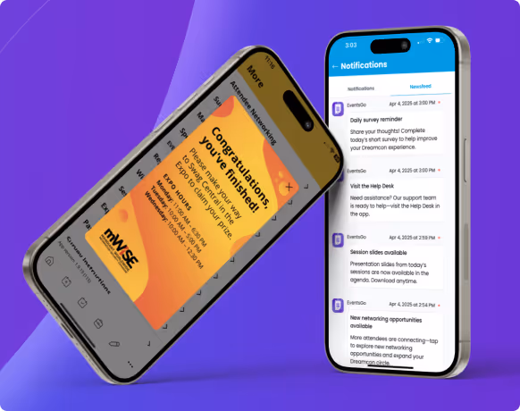 Two smartphones displaying a congratulations message for completing an expo survey and a notifications screen with reminders, help desk info, session slides, and networking opportunities.