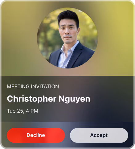 Digital meeting invitation card with a photo of a man in a suit, showing details for Christopher Nguyen's meeting on Tuesday the 25th at 4 PM, with Decline and Accept buttons.