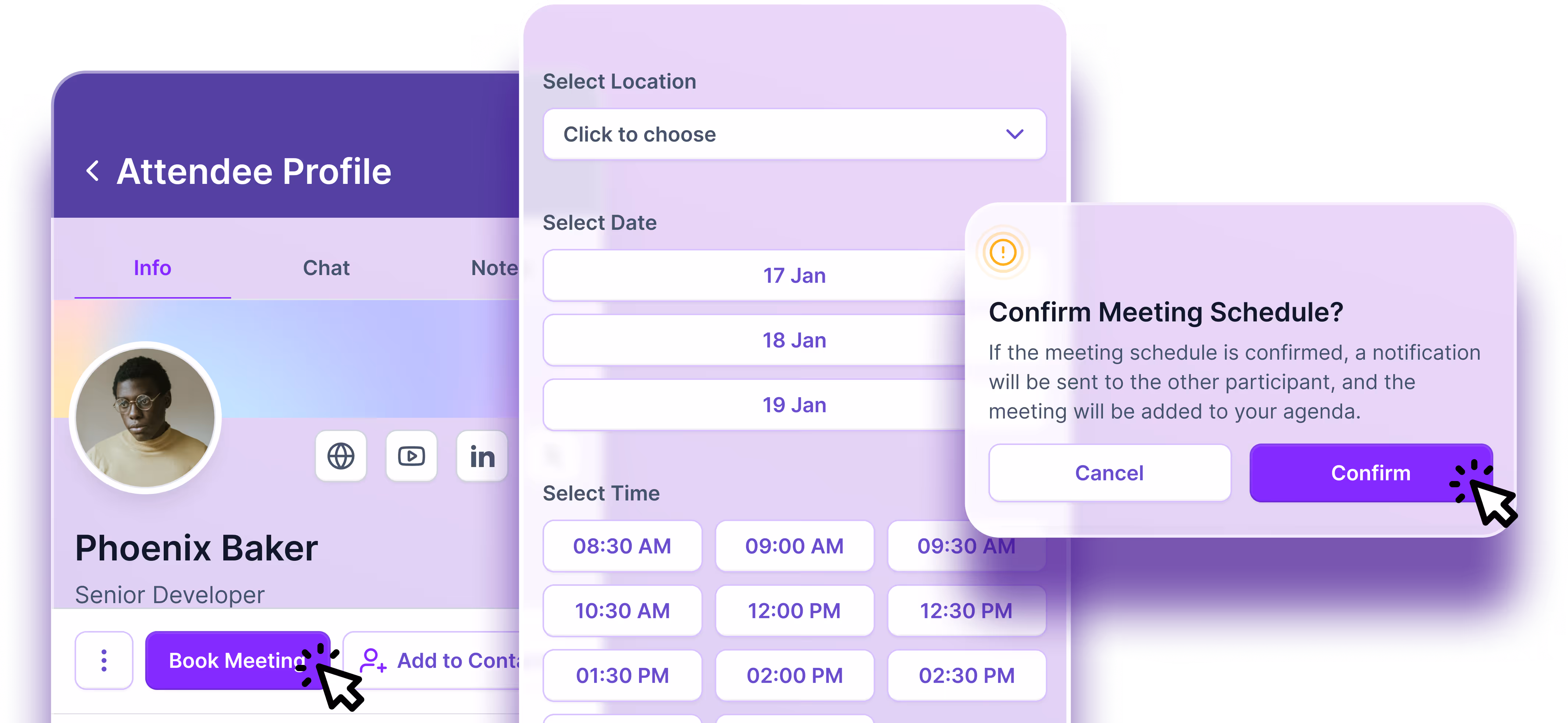 User interface for scheduling a meeting with Phoenix Baker, senior developer, showing options to select location, date, time, and a confirmation popup to confirm meeting schedule.