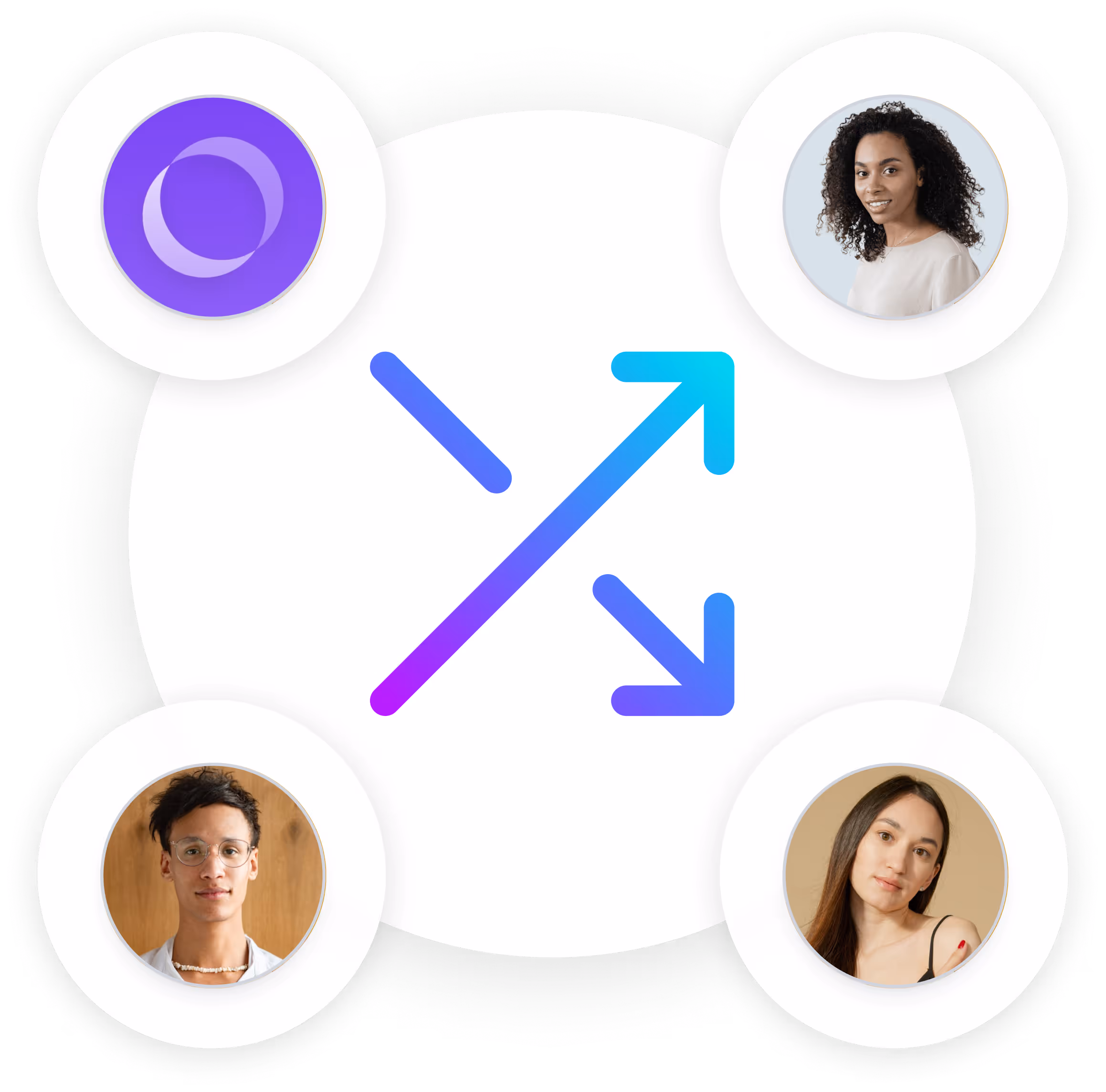 Four circular profile images surrounding a central icon of two crossing arrows pointing outward in gradient blue and purple.