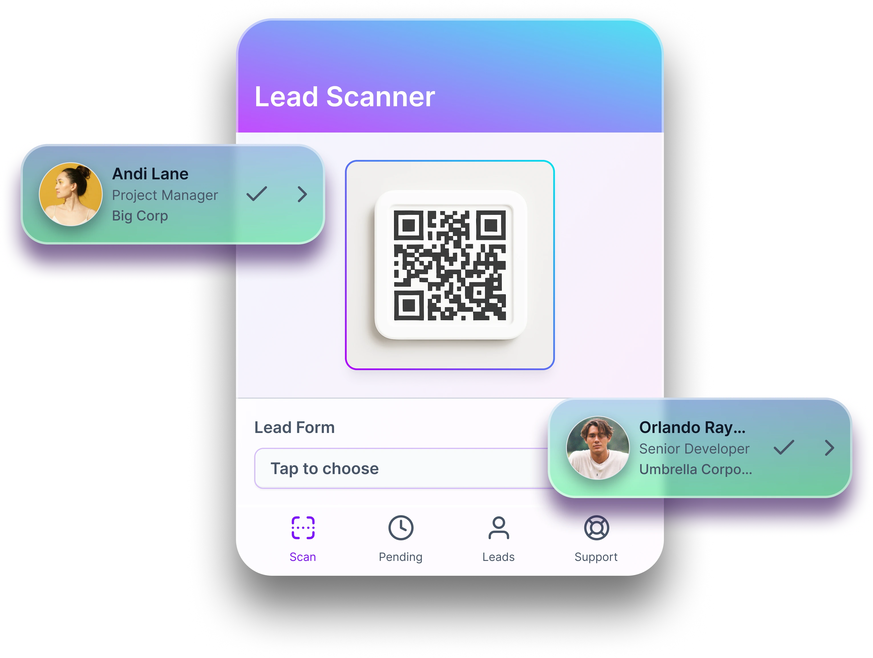 Mobile app interface titled Lead Scanner showing a central QR code, options to select a lead form, and floating user cards for Andi Lane, Project Manager at Big Corp, and Orlando Ray, Senior Developer at Umbrella Corporation.