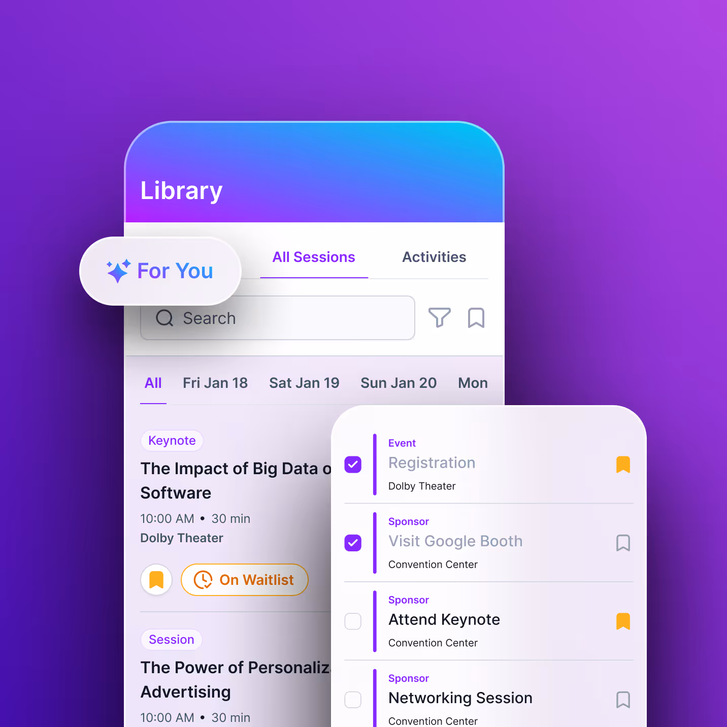 Stacked mobile app screens showing event introductions and dashboards for FictionFest, Google Cloud, Hewlett Packard Enterprise, and DocuSign Discover 25.