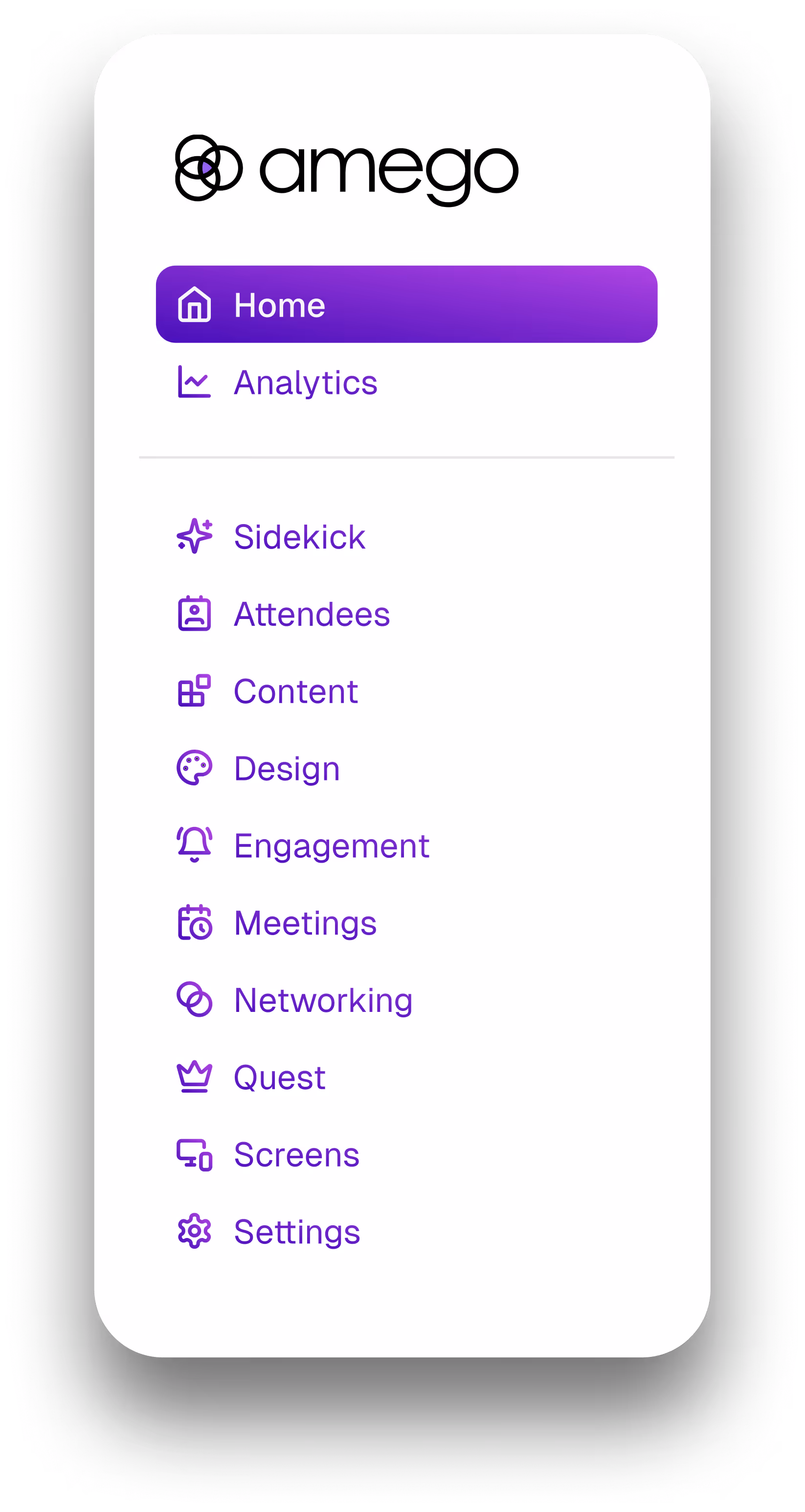 Sidebar menu of Amego with navigation options.