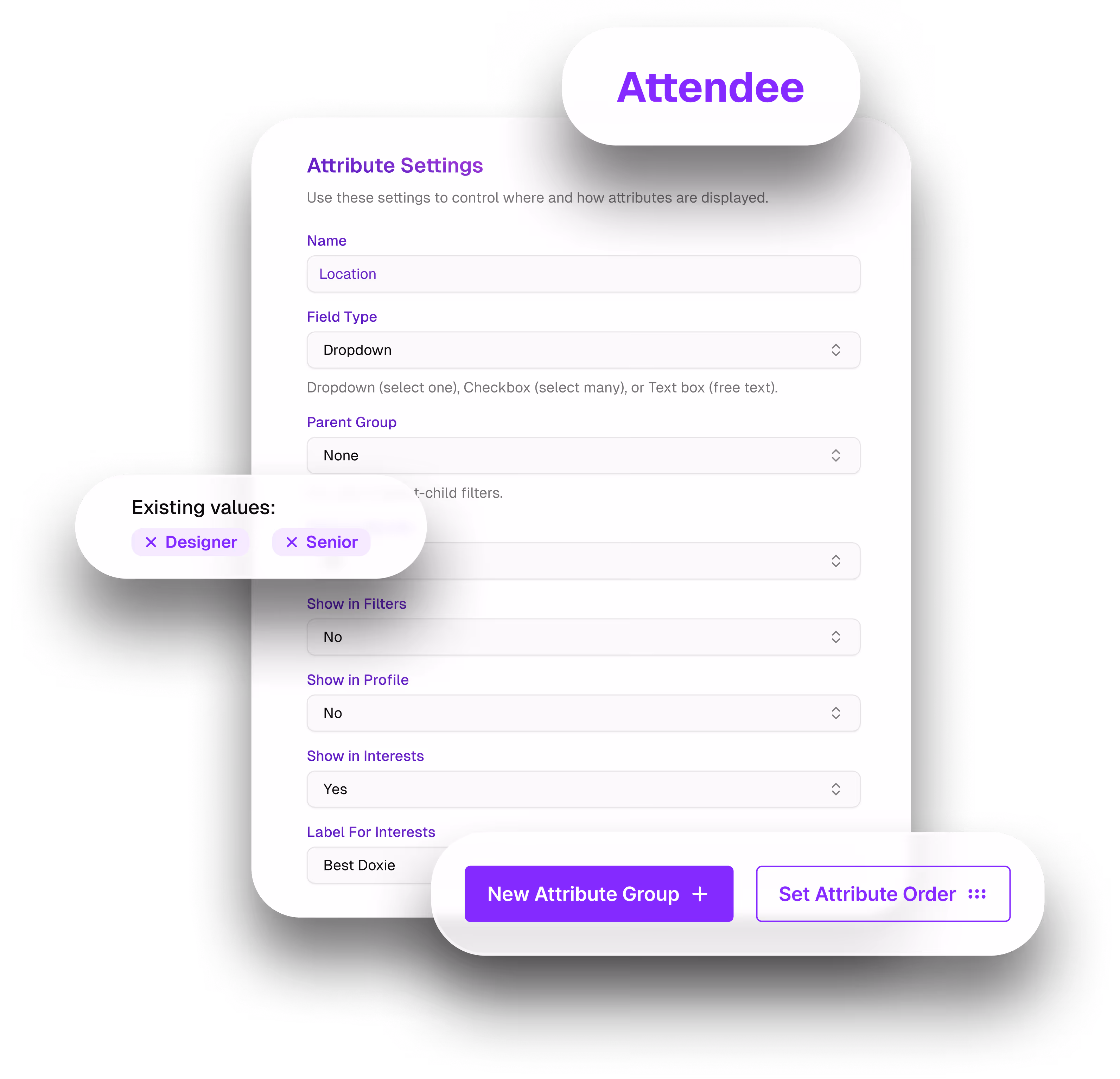 User interface for attendee attribute settings and buttons for New Attribute Group and Set Attribute Order.