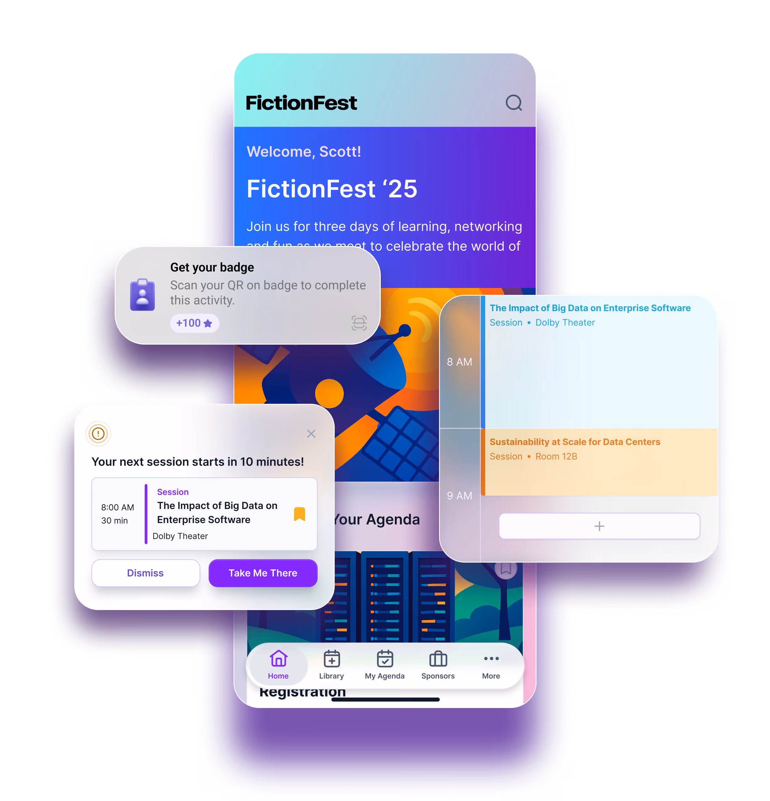 Mobile event app screen for FictionFest '25 showing a welcome message, session notifications for 'The Impact of Big Data on Enterprise Software,' a schedule with sessions listed at 8 AM and 9 AM, and navigation tabs including Home, Library, My Agenda, Sponsors, and More.