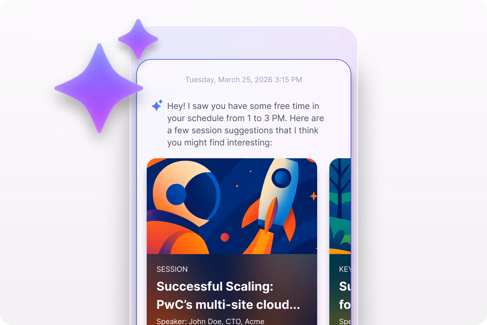 Mobile screen showing a message with session suggestions for free time from 1 to 3 PM, including a session titled 'Successful Scaling: PwC’s multi-site cloud' with a space-themed illustration.