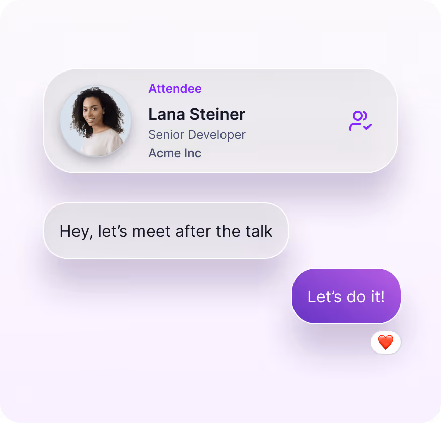 Chat interface showing conversation between attendee Lana Steiner, Senior Developer at Acme Inc, and another user planning to meet after a talk.
