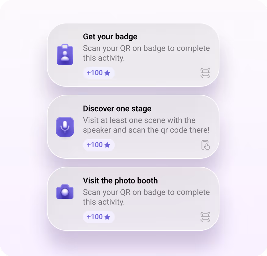 List of three gamified tasks with purple icons: 'Get your badge' instructs scanning a QR on badge; 'Discover one stage' involves visiting a scene with a speaker and scanning a QR code; 'Visit the photo booth' asks scanning a QR on badge, each offering +100 points.
