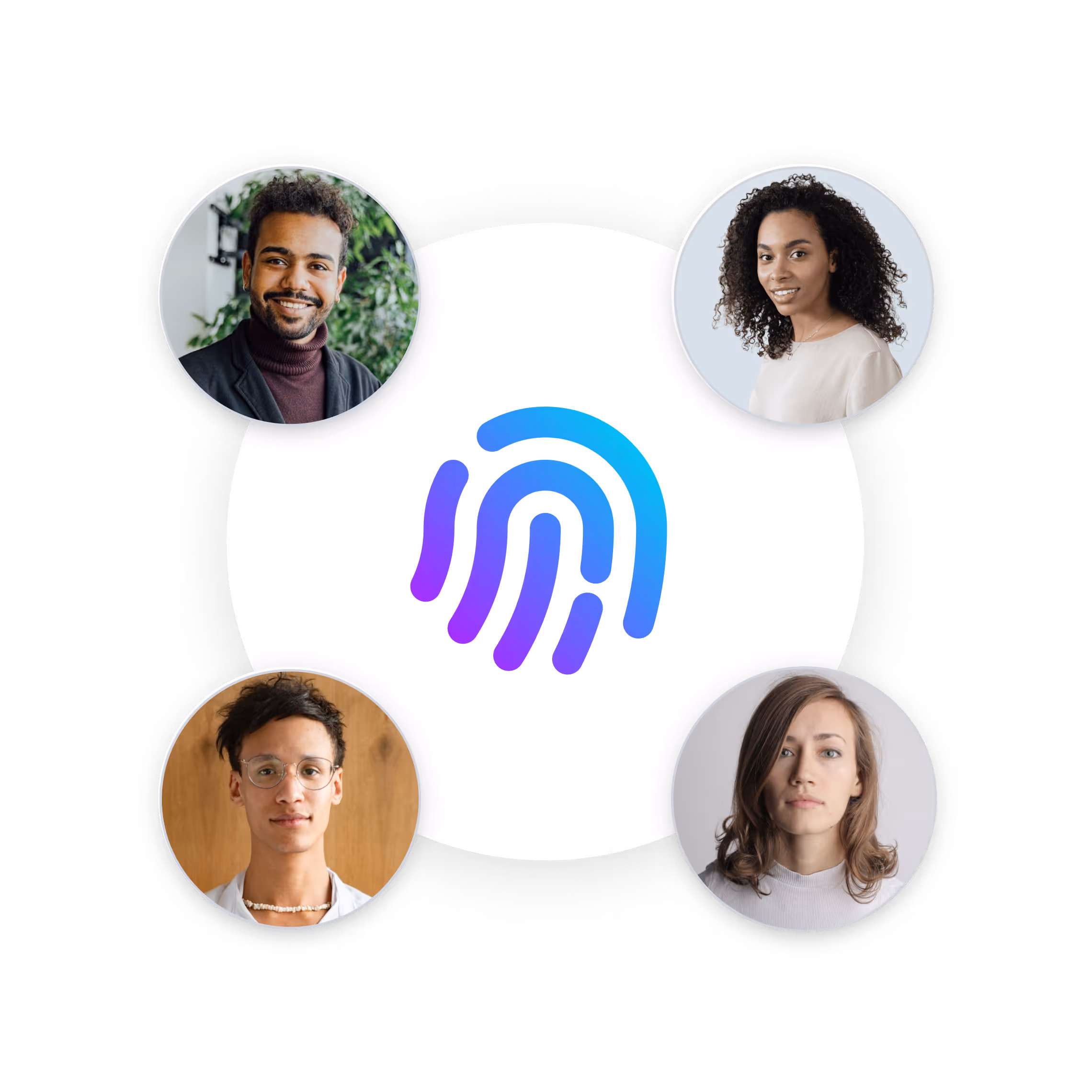 Four diverse headshots of people arranged around a central blue and purple stylized fingerprint icon on a white circular background.