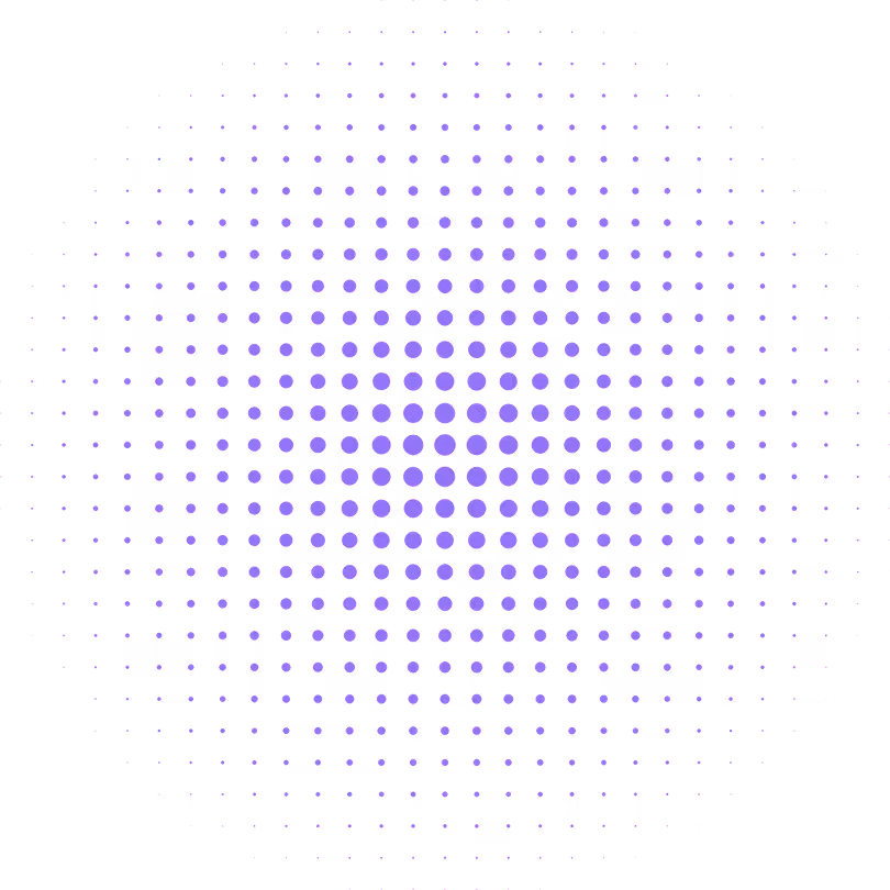 Circular pattern of purple dots arranged in a grid with larger dots in the center fading to smaller dots at the edges on a black background.
