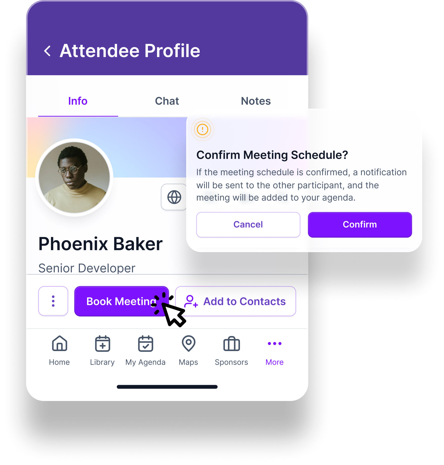 Mobile app screen showing an attendee profile for Phoenix Baker, Senior Developer, with options to book a meeting or add to contacts, and a popup confirming meeting schedule.