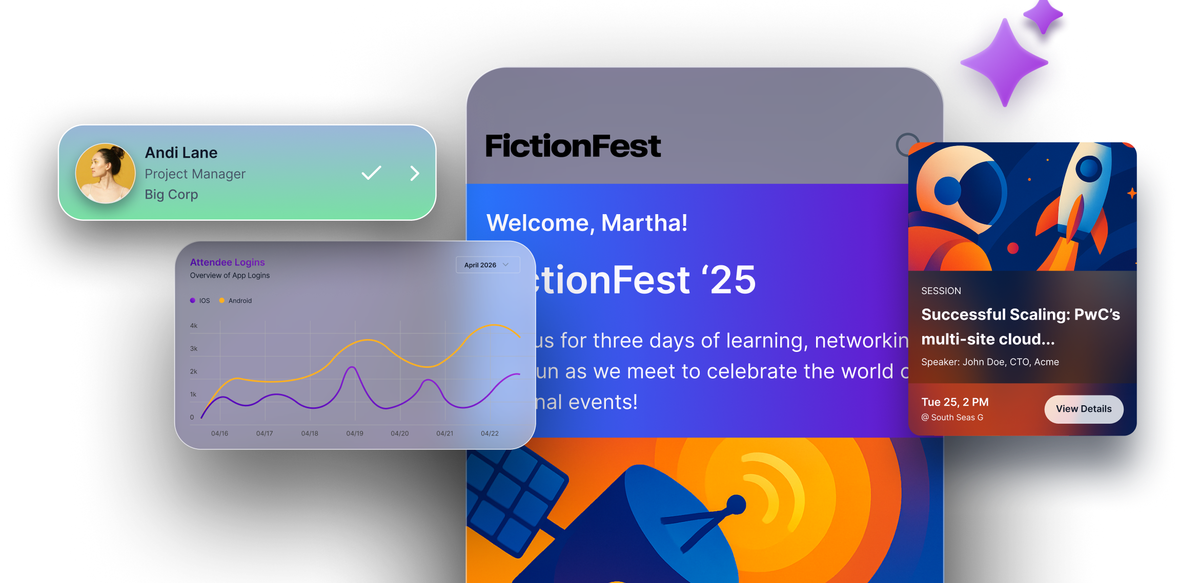 Two smartphones displaying event and app interfaces: one shows Atlassian Team on Tour greeting and event highlights, the other shows Benevity Live app with its logo.