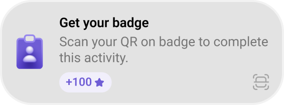 Digital badge icon with instructions to scan your QR code on the badge to complete the activity and earn 100 points.