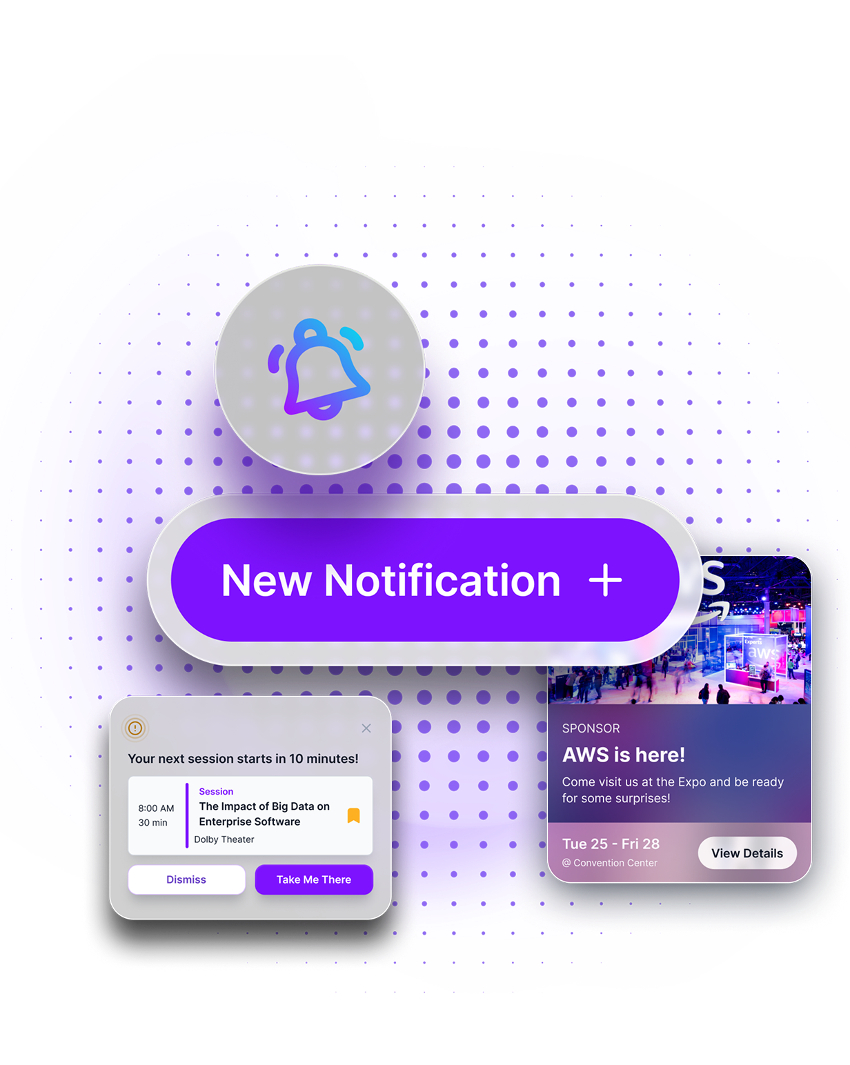 Interactive notification interface with a bell icon, a purple 'New Notification +' button, an alert for a session starting in 10 minutes, and a sponsor card for AWS at the Expo.