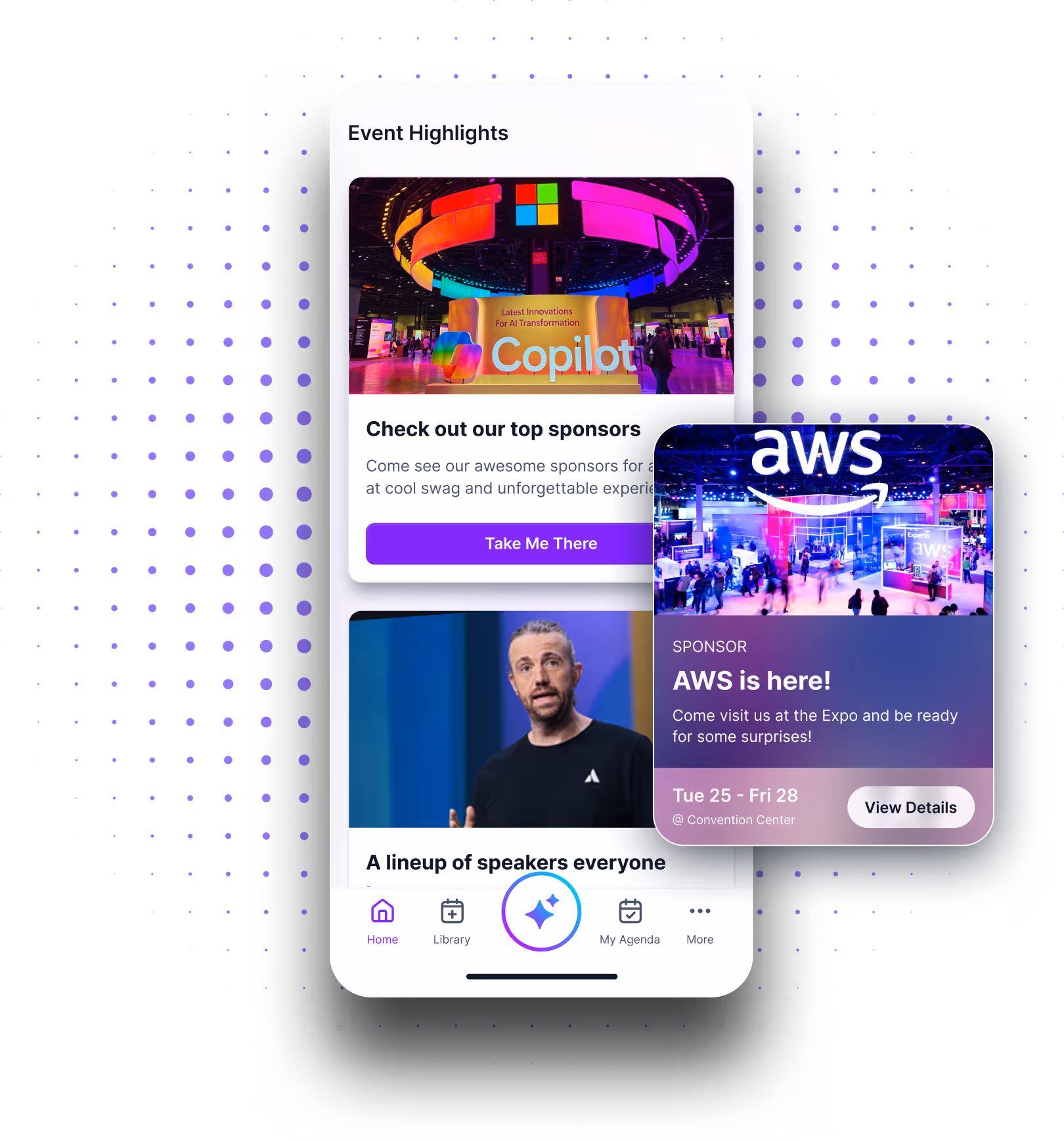 Mobile app screen showing event highlights with Copilot AI innovation, top sponsors info, AWS sponsor popup, and navigation bar.