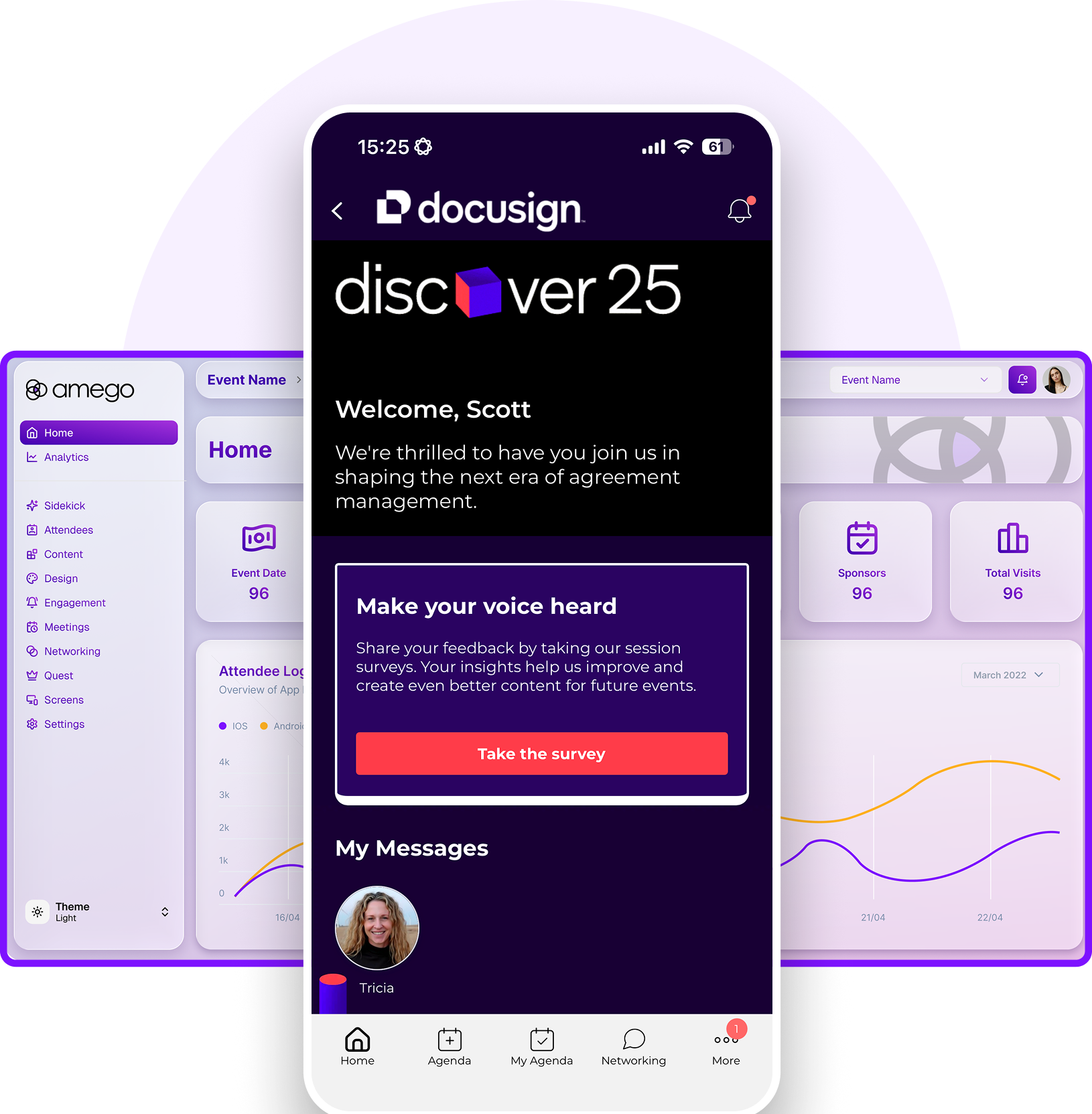 Mobile screen showing DocuSign Discover 25 event welcome message, a survey invitation, and a message from Tricia, with an app dashboard visible in the background.