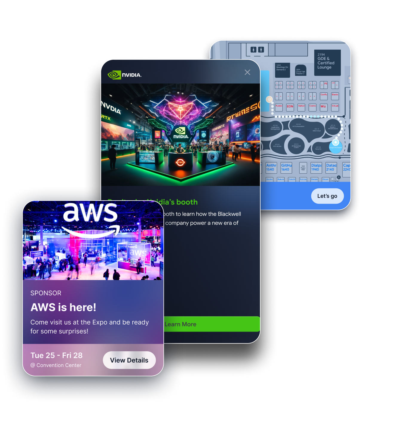 Overlay of expo event app screens showing an AWS sponsor invitation, NVIDIA booth image, and a floor map with navigation.