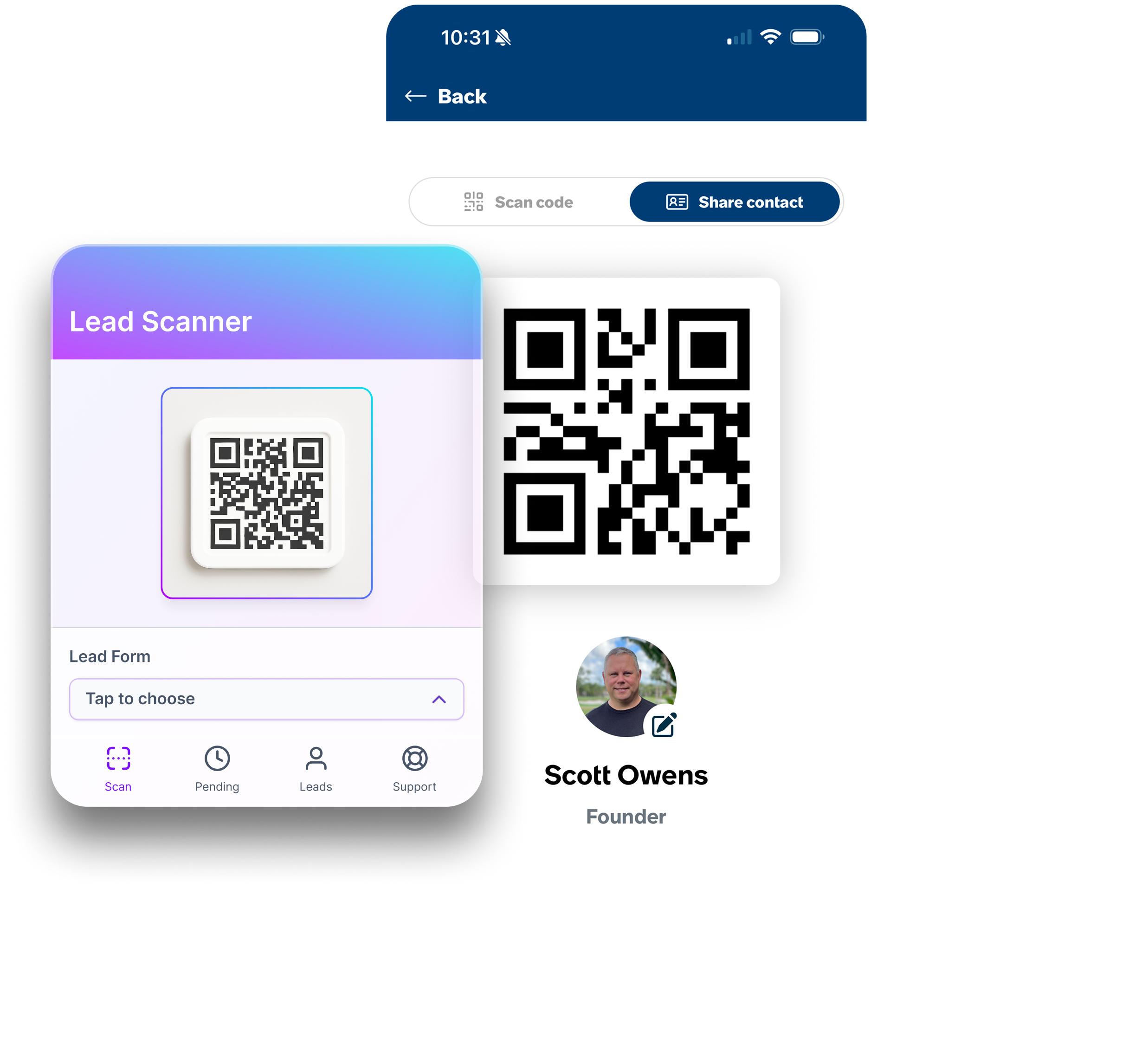 Mobile app interface titled Lead Scanner showing a central QR code, options to select a lead form, and floating user cards for Andi Lane, Project Manager at Big Corp, and Orlando Ray, Senior Developer at Umbrella Corporation.